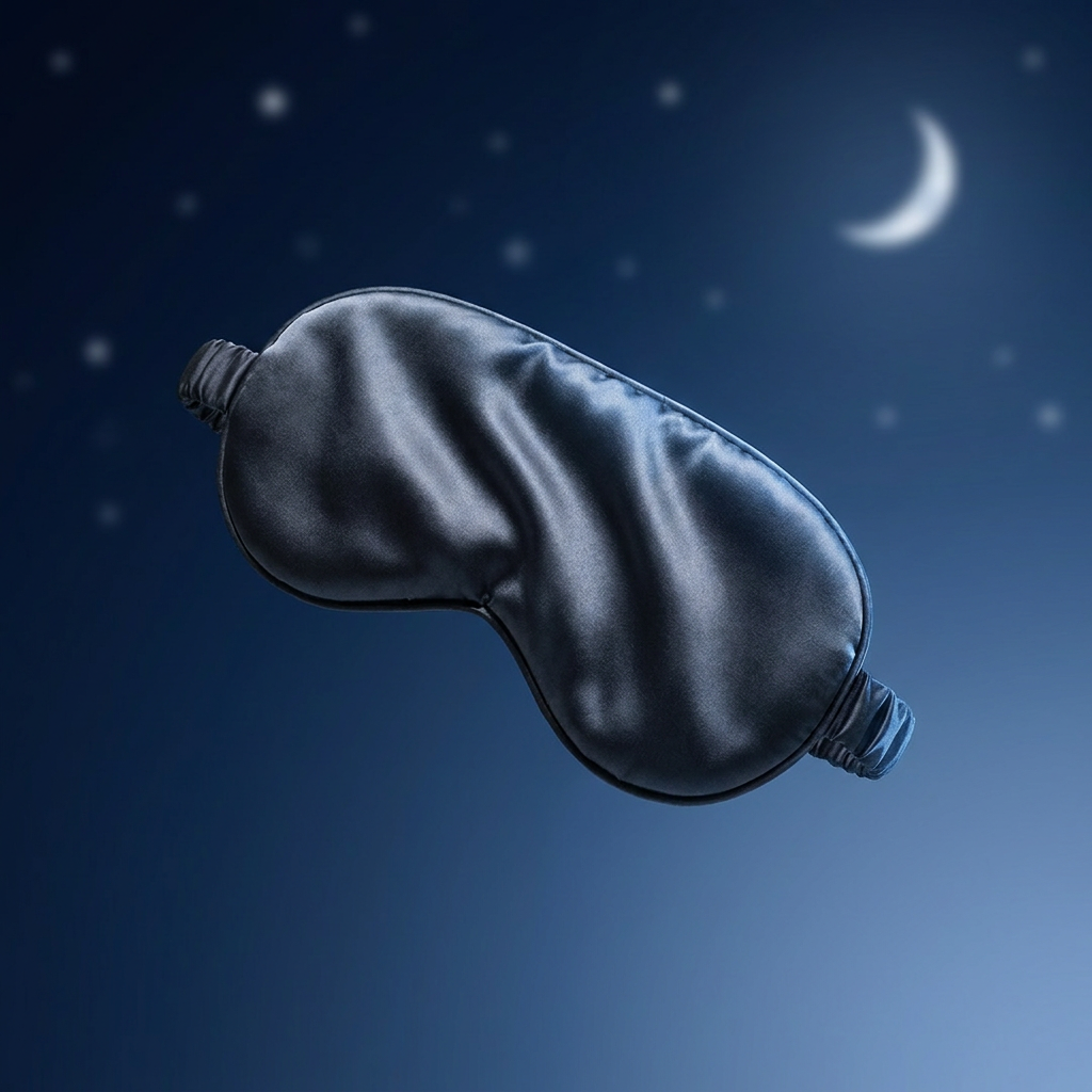 Navy weighted silk sleep mask floating in moonlit darkness