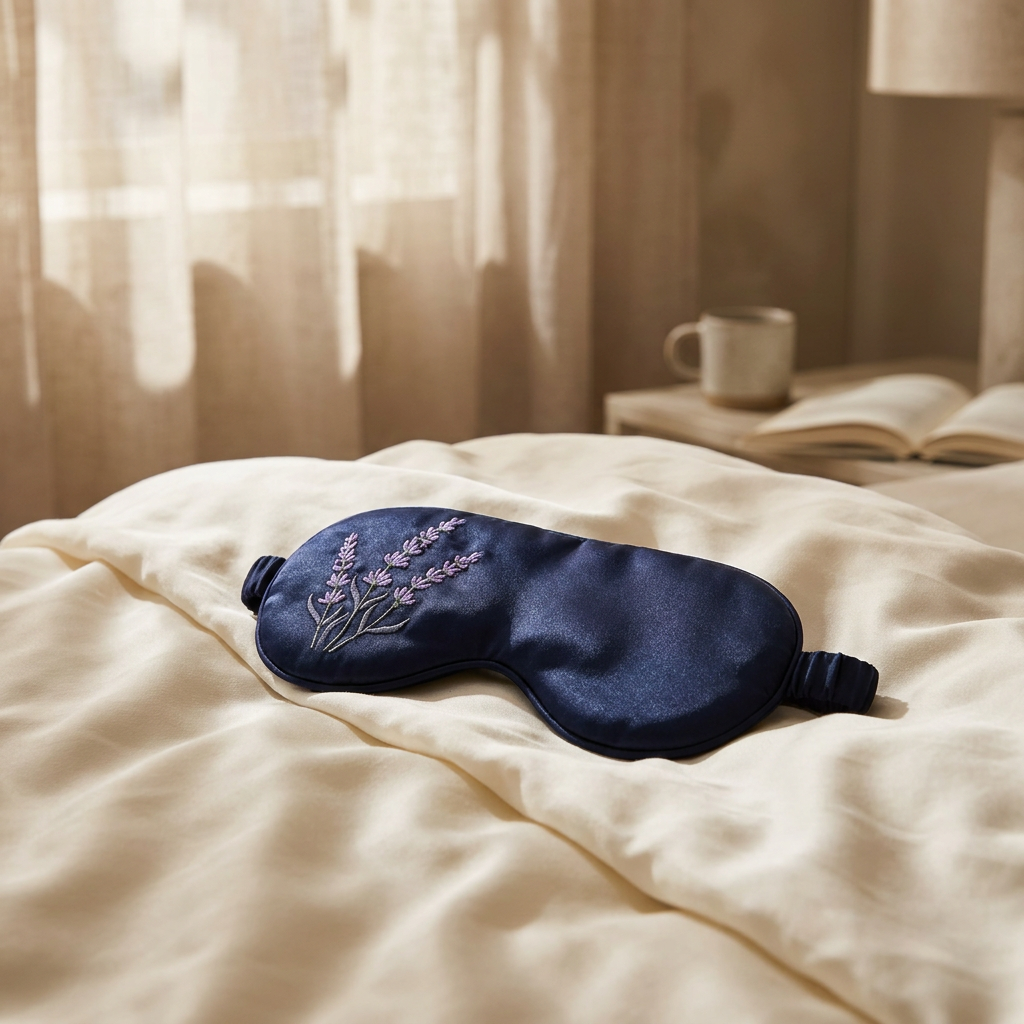 Nidra weighted silk sleep mask in midnight navy resting on cream silk sheets, morning light
