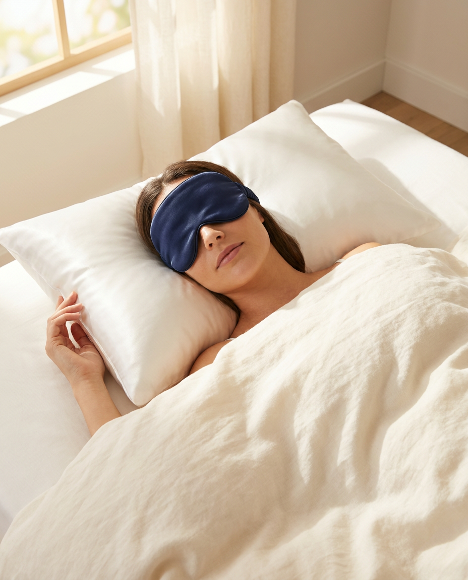 Woman peacefully sleeping wearing the Nidra silk sleep mask — lifestyle shot